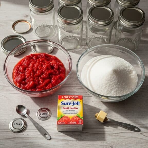 Ingredientes para mermelada con pectina y frascos de vidrio