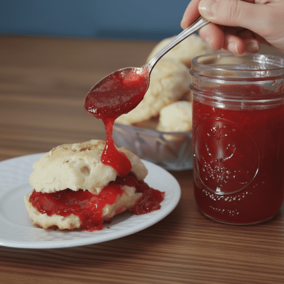 Mermelada de fresa vertiéndose sobre una galleta casera