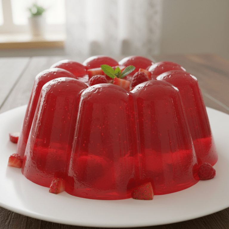 Gelatina roja moldeada con frutas frescas en su interior