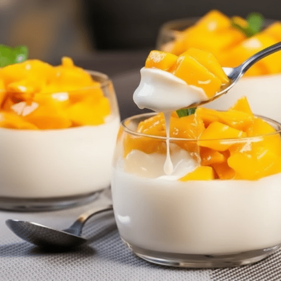 Panna cotta en vaso con mango en cubos y cuchara sirviendo una porción