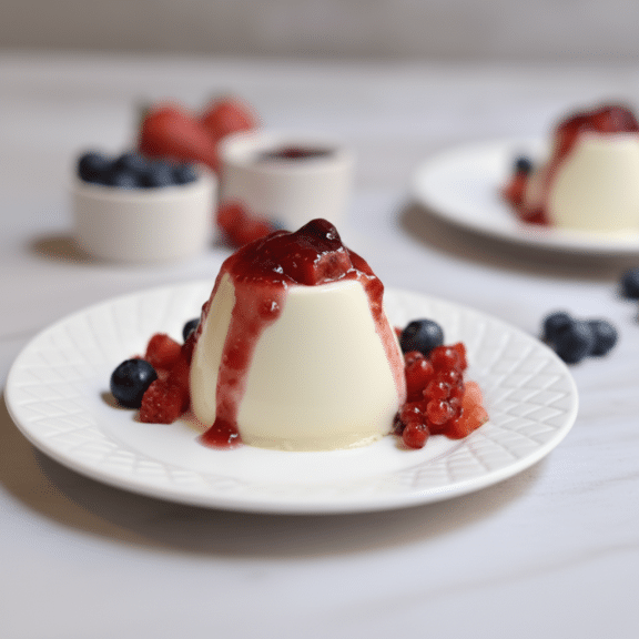 Panna cotta con coulis de frutos rojos servida en plato blanco