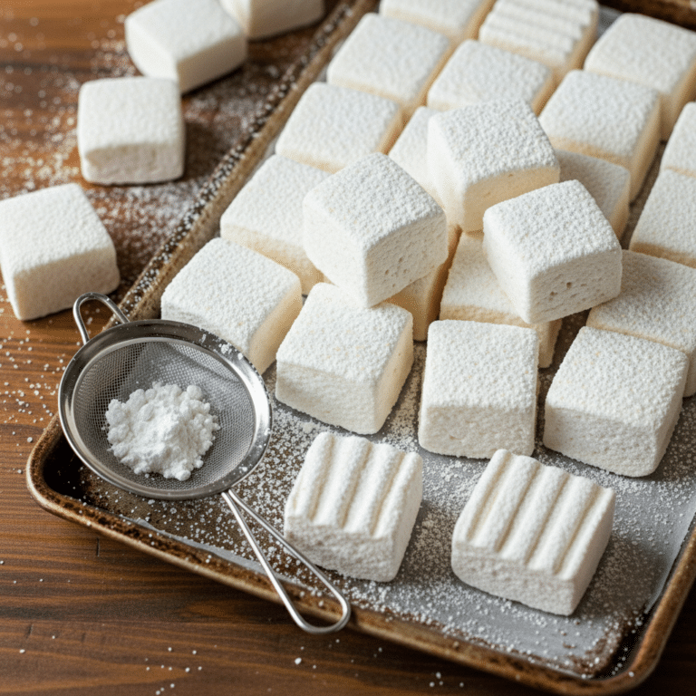 Malvaviscos caseros cortados en cubos sobre bandeja con azúcar glas