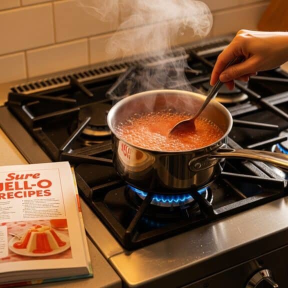 Gelatina de fresa hirviendo en una olla sobre cocina de gas