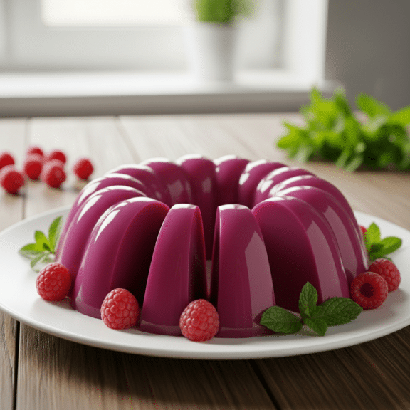 Gelatina morada moldeada en forma de corona con frambuesas y hojas de menta