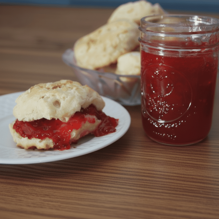 Galleta rellena de mermelada junto a un frasco de mermelada de fresa
