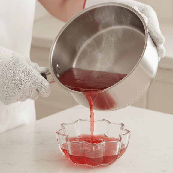 Gelatina caliente vertiéndose desde una olla en un molde