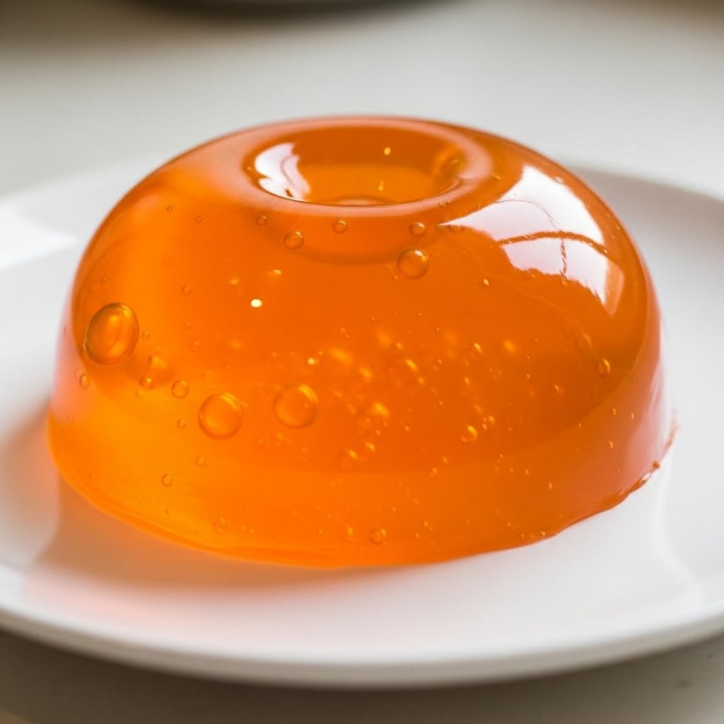 Gelatina de naranja entera con forma redondeada sobre plato blanco