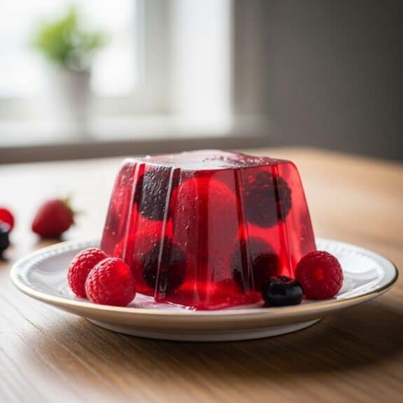 Gelatina roja con frambuesas y moras servida en plato