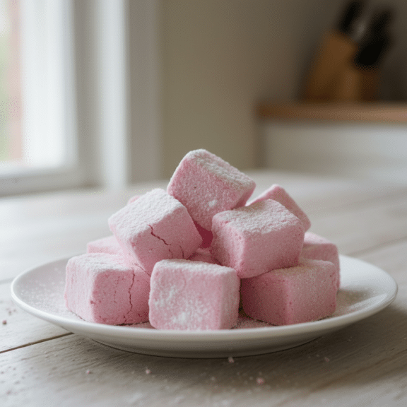 Malvaviscos rosados cortados en cubos sobre plato blanco