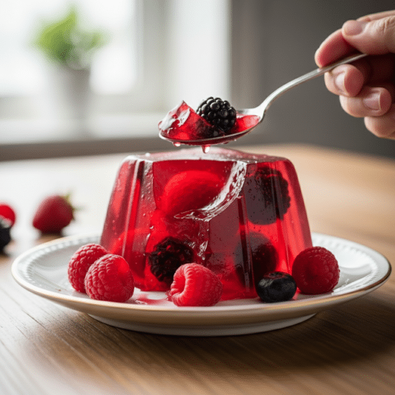 Gelatina de frutos rojos con frambuesas y arándanos