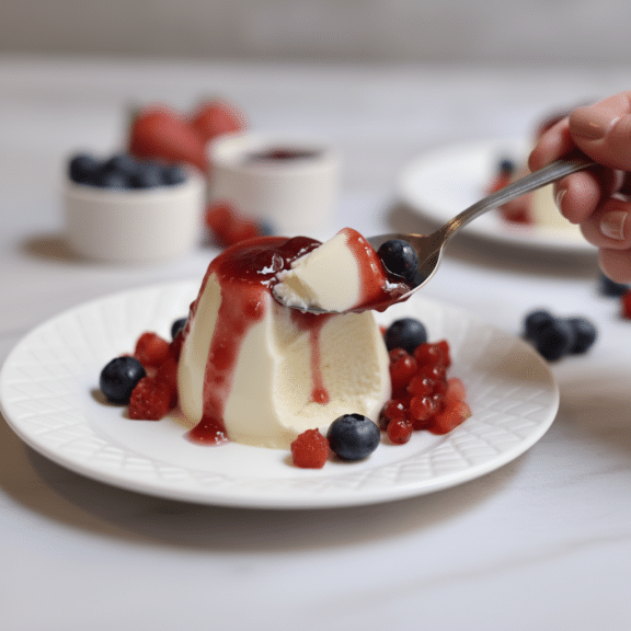 Panna cotta con salsa de frutos rojos y cuchara sirviendo una porción