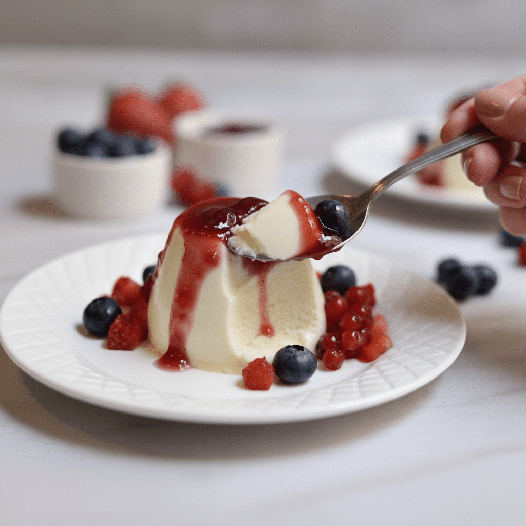 Panna cotta con salsa de frutos rojos y cuchara sirviendo una porción