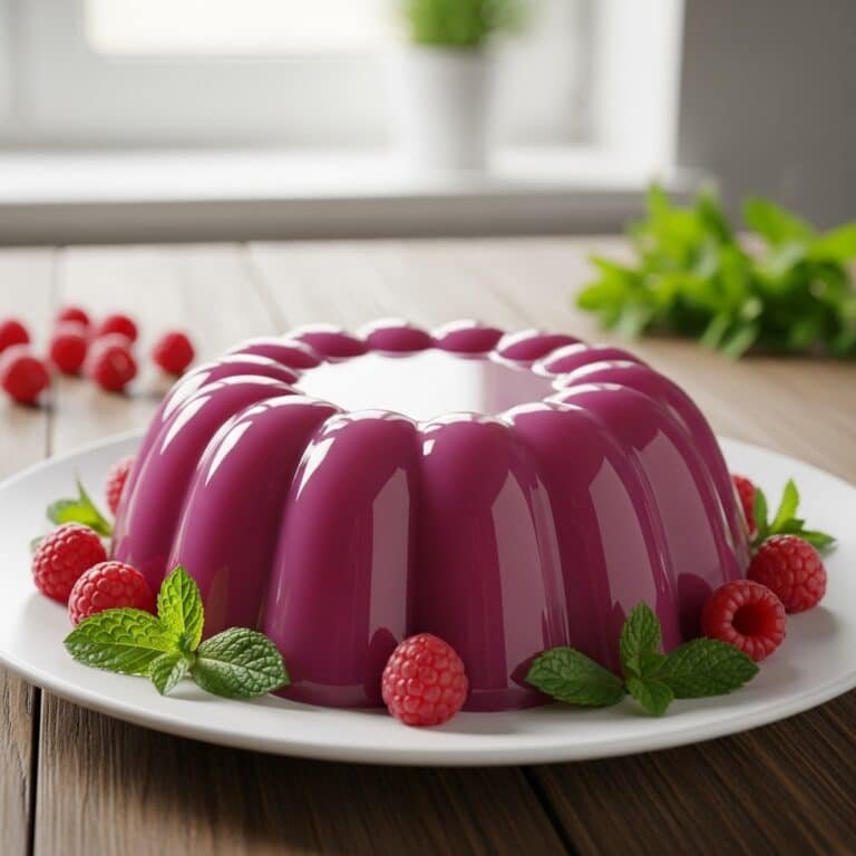 Gelatina morada entera moldeada en plato blanco