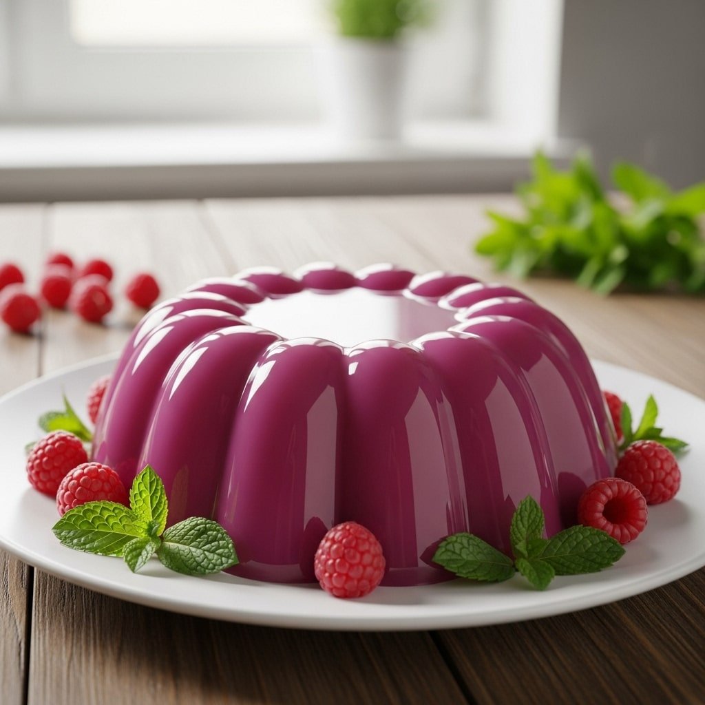 Gelatina morada entera moldeada en plato blanco