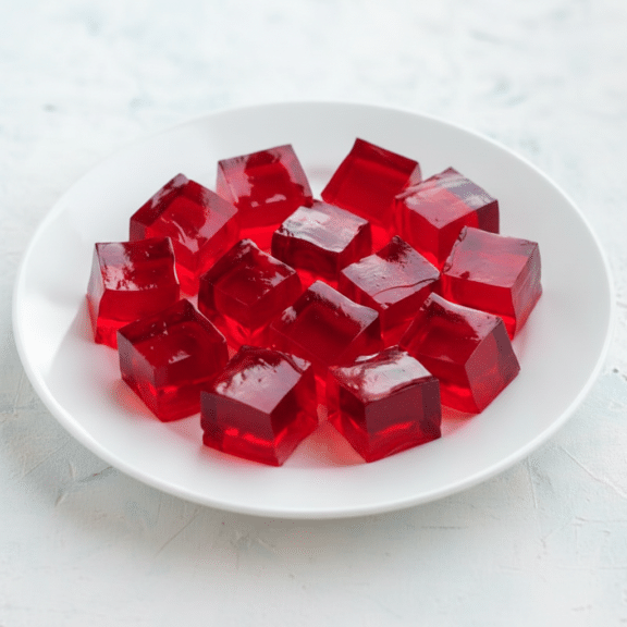 Cubos de gelatina roja servidos en plato blanco