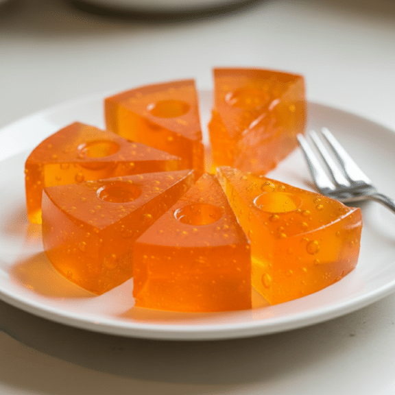 Porciones triangulares de gelatina de naranja sobre plato blanco