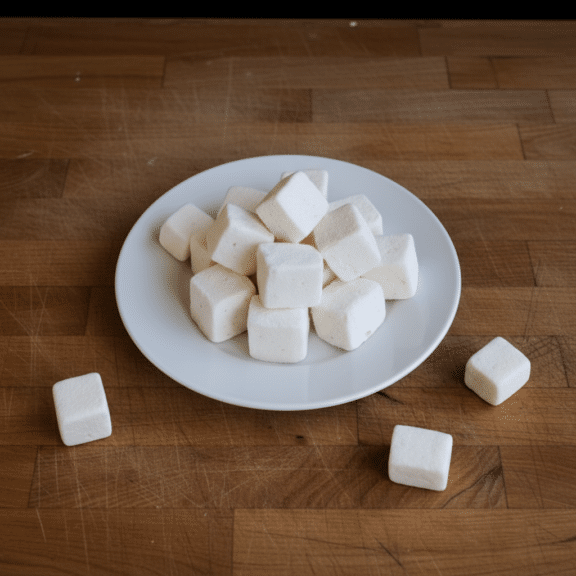 Cubos de malvavisco blancos servidos en un plato