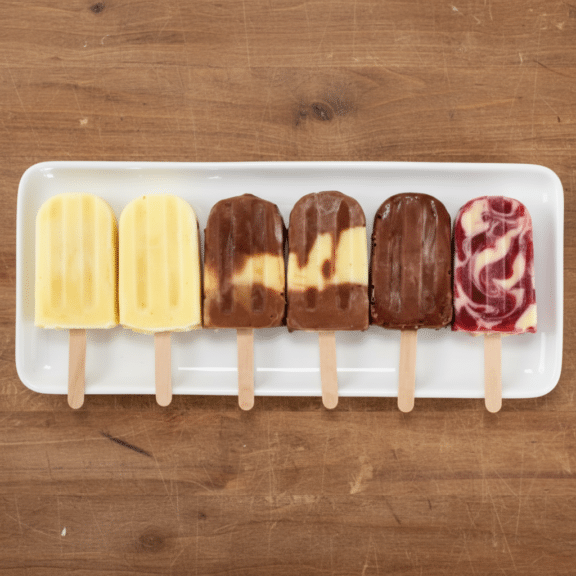 Helados caseros de varios sabores sobre una bandeja con un helado de vainilla sostenido en la mano