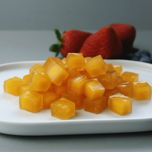 Pirámide de cubos de gelatina amarilla sobre plato blanco