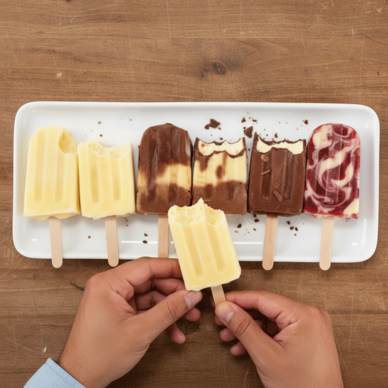 Helados caseros alineados sobre una bandeja blanca vistos desde arriba