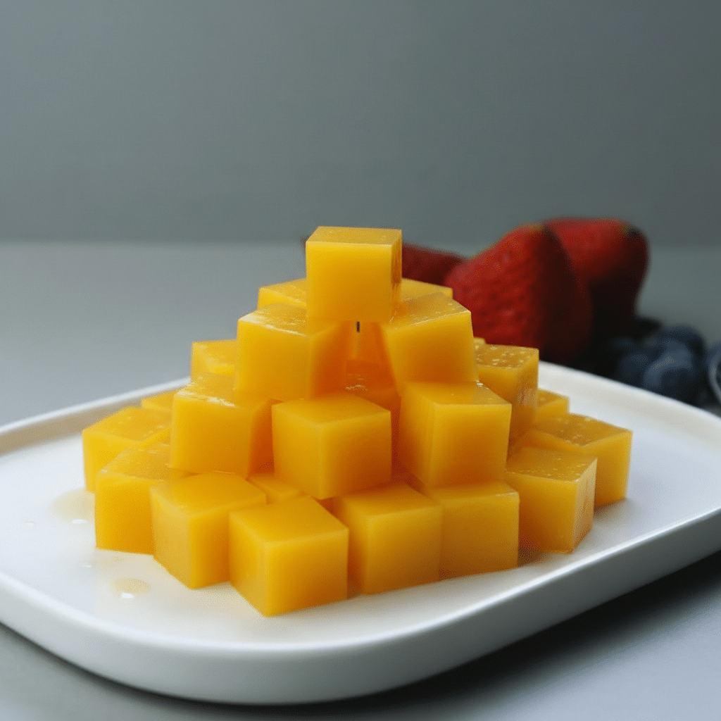Cubos de gelatina amarilla apilados sobre un plato blanco