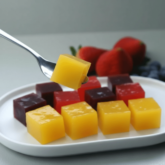 Cubo de gelatina amarilla sostenido con un tenedor